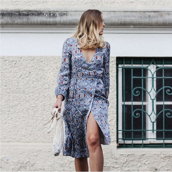 ZARA Silky Blue Paisley Authentic Wrap Longsleeve Midi Dress - Picture 4 of 15